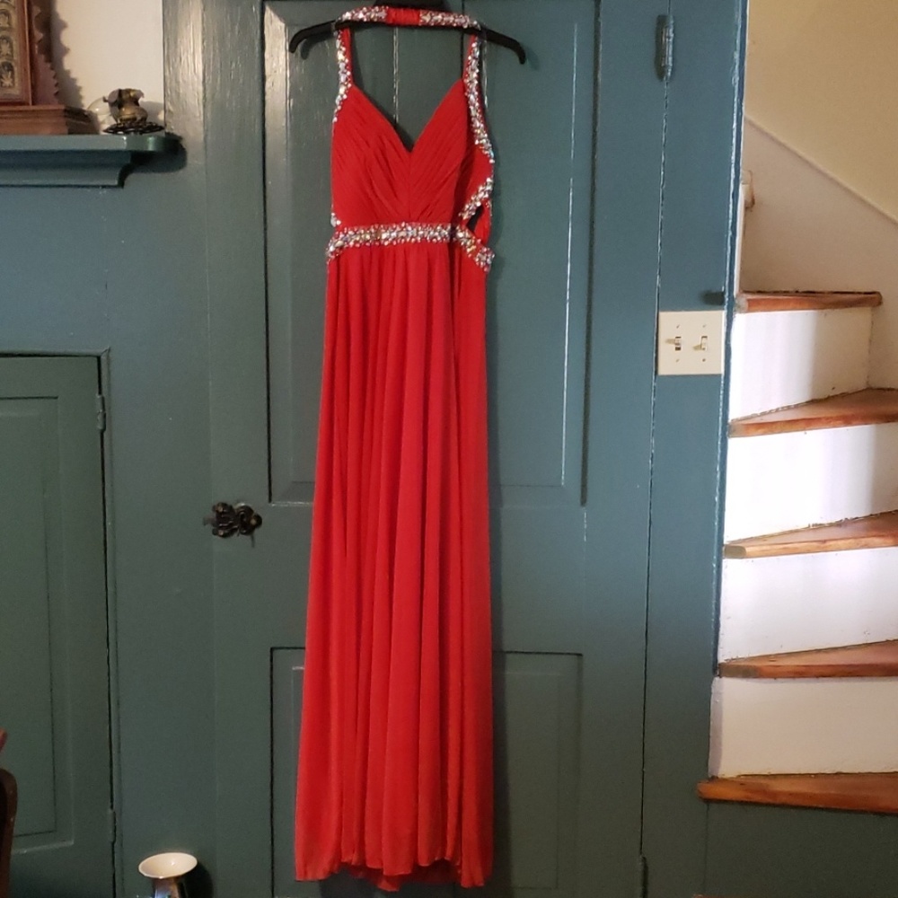 Red beaded jeweled prom dress ( size 9)